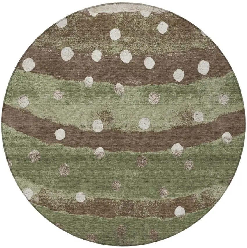8' Olive Green And Gray Round Striped Washable Indoor Outdoor Area Rug Photo 4