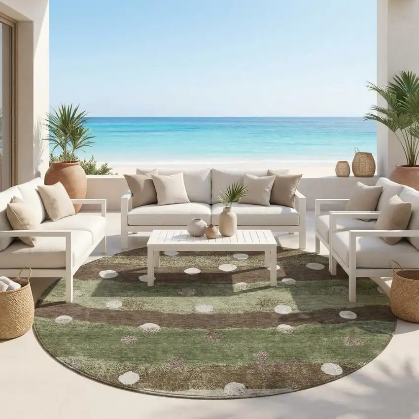 8' Olive Green And Gray Round Striped Washable Indoor Outdoor Area Rug Photo 1