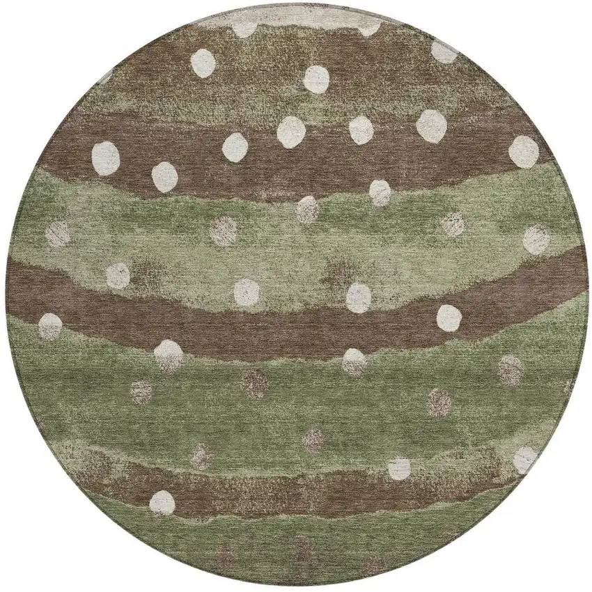 8' Olive Green And Gray Round Striped Washable Indoor Outdoor Area Rug Photo 3