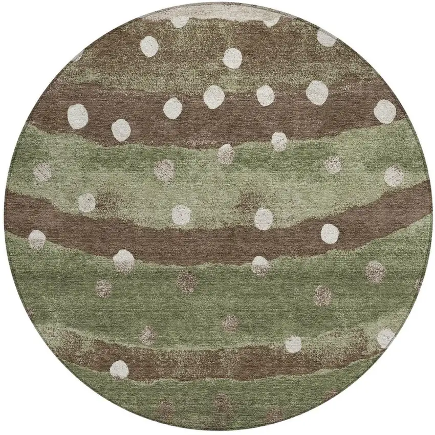 8' Olive Green And Gray Round Striped Washable Indoor Outdoor Area Rug Photo 6