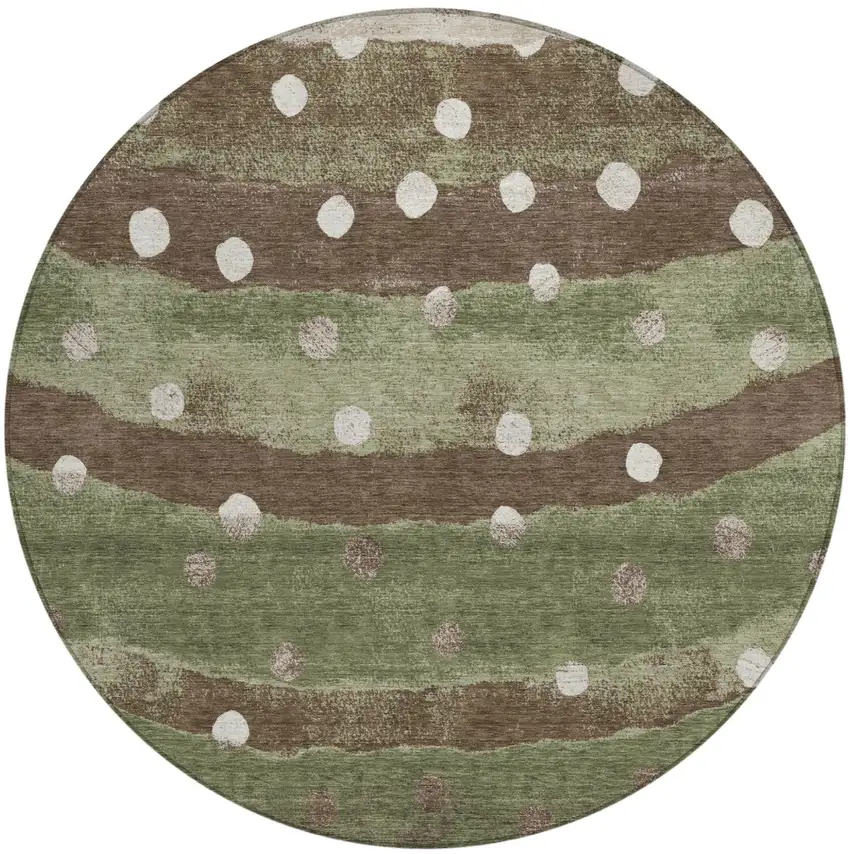 8' Olive Green And Gray Round Striped Washable Indoor Outdoor Area Rug Photo 2