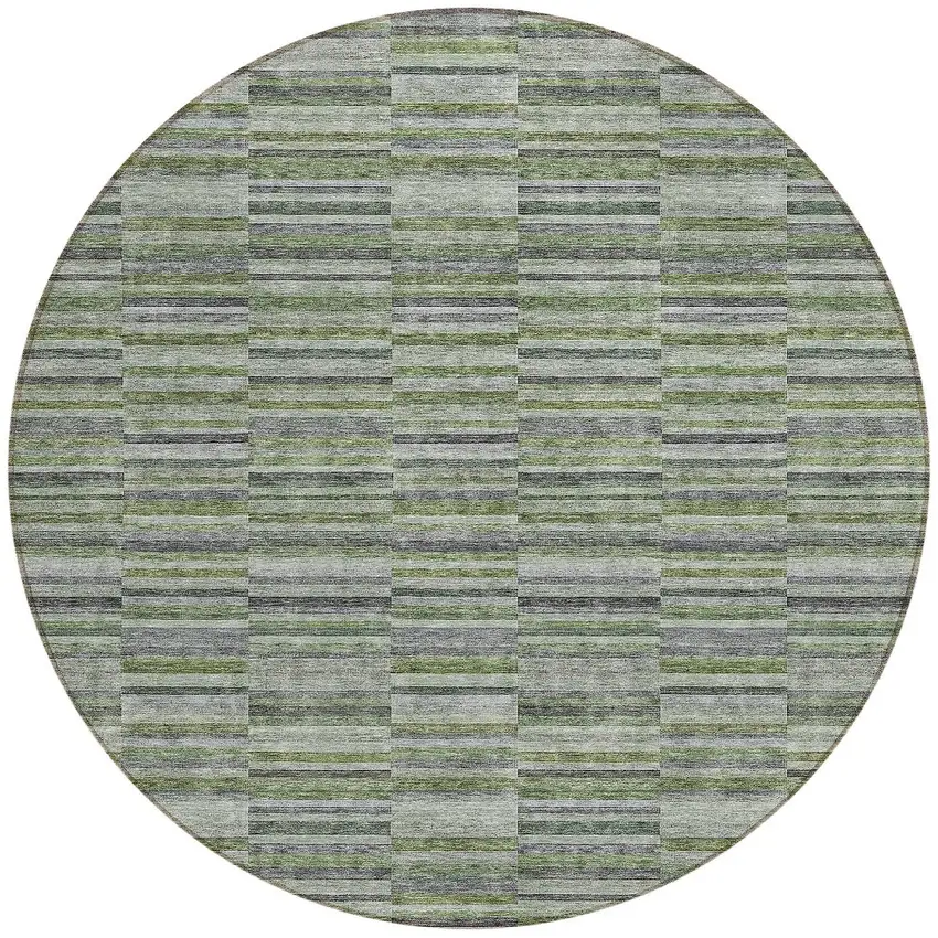 8' Olive Green And Gray Round Striped Washable Indoor Outdoor Area Rug Photo 4