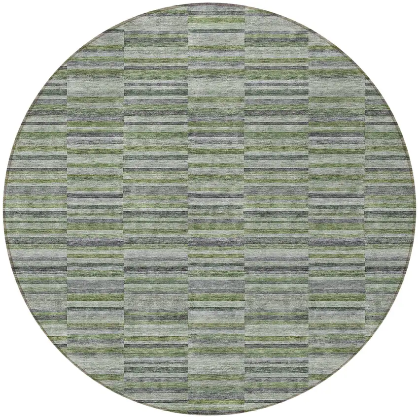 8' Olive Green And Gray Round Striped Washable Indoor Outdoor Area Rug Photo 5