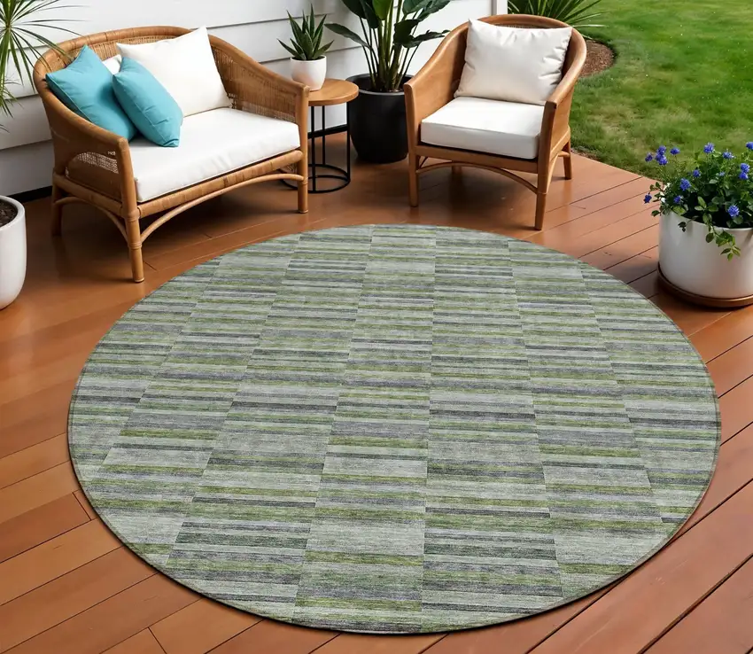 8' Olive Green And Gray Round Striped Washable Indoor Outdoor Area Rug Photo 1
