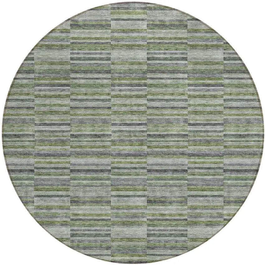 8' Olive Green And Gray Round Striped Washable Indoor Outdoor Area Rug Photo 2