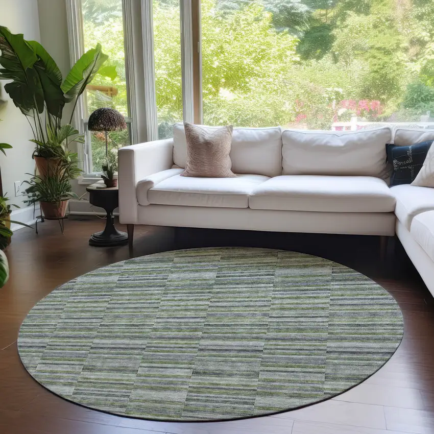 8' Olive Green And Gray Round Striped Washable Indoor Outdoor Area Rug Photo 7