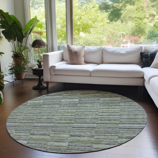 8' Olive Green And Gray Round Striped Washable Indoor Outdoor Area Rug Photo 7