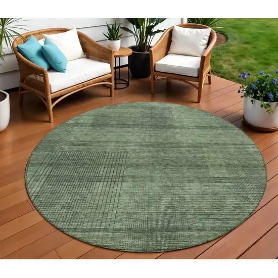 8' Olive Green And Gray Round Striped Washable Indoor Outdoor Area Rug Photo 1