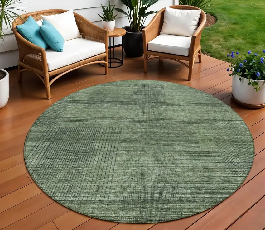 8' Olive Green And Gray Round Striped Washable Indoor Outdoor Area Rug Photo 1