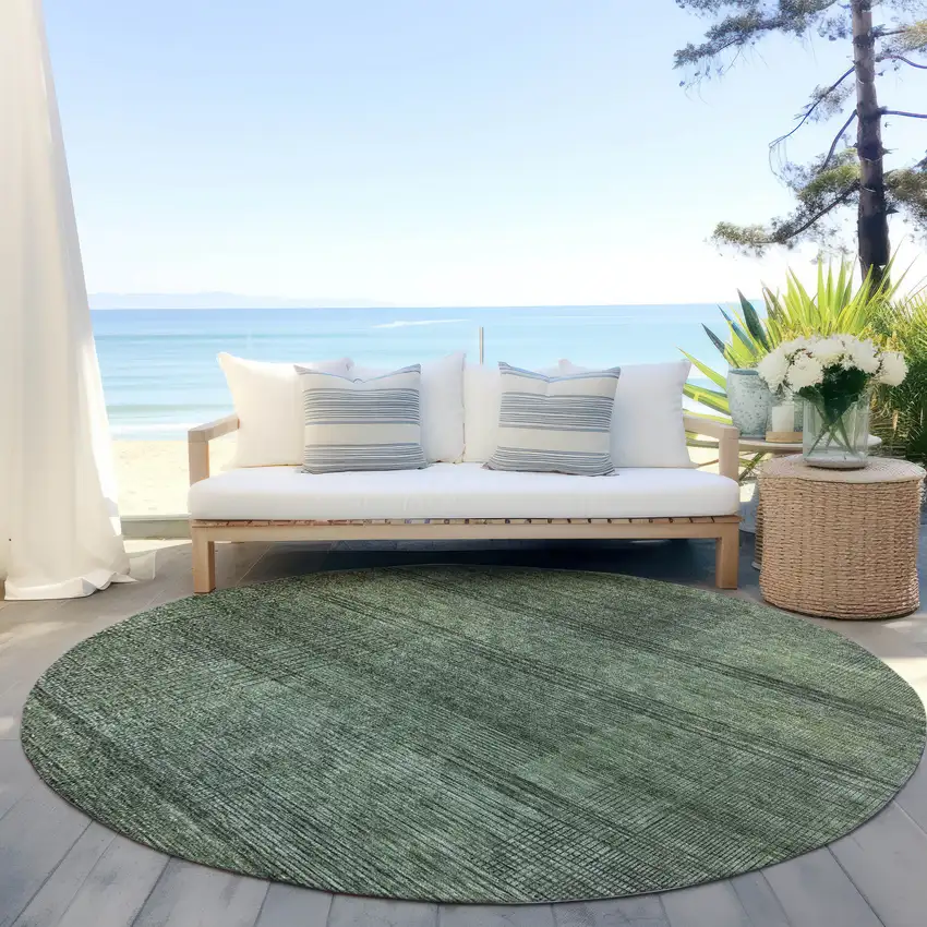 8' Olive Green And Gray Round Striped Washable Indoor Outdoor Area Rug Photo 6