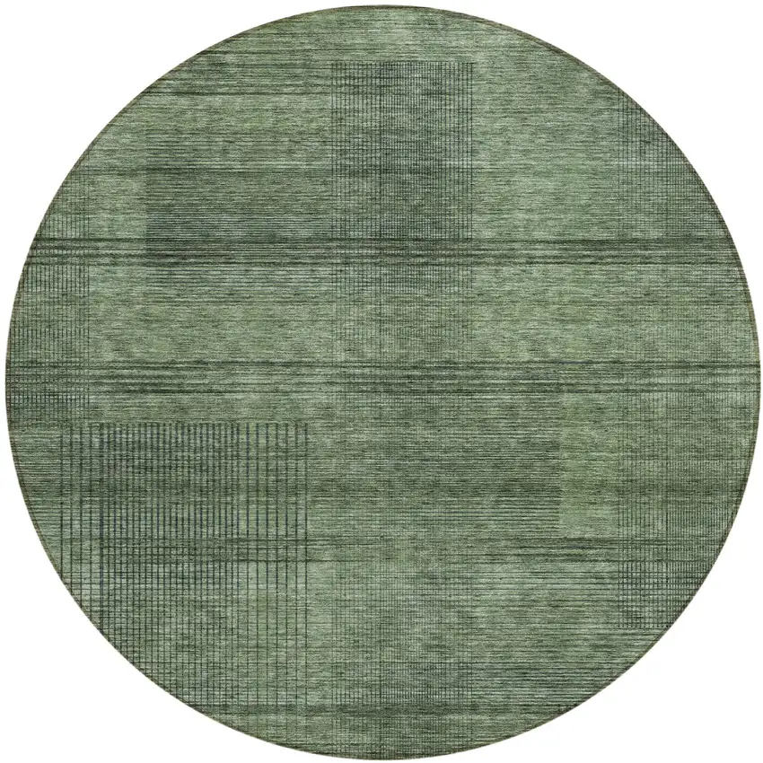 8' Olive Green And Gray Round Striped Washable Indoor Outdoor Area Rug Photo 2