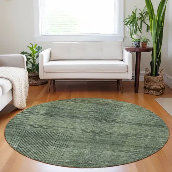 8' Olive Green And Gray Round Striped Washable Indoor Outdoor Area Rug Photo 7