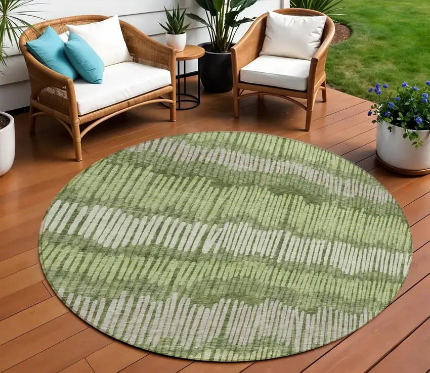 8' Olive Green And Gray Round Striped Washable Indoor Outdoor Area Rug Photo 1