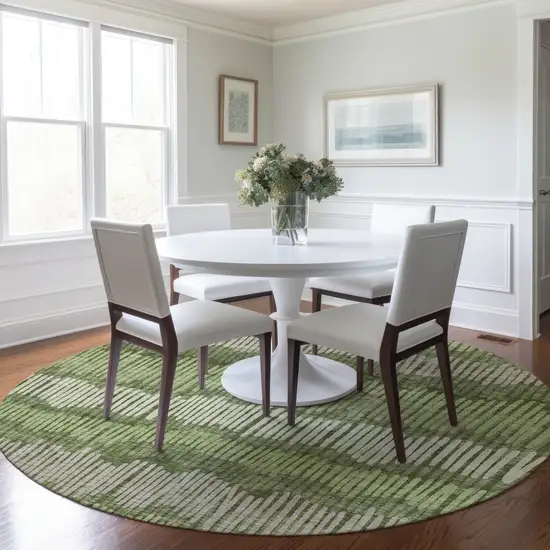 8' Olive Green And Gray Round Striped Washable Indoor Outdoor Area Rug Photo 7