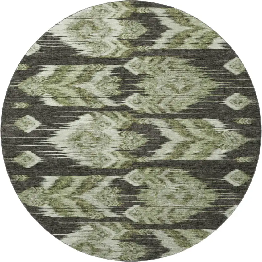 8' Olive Green And Gray Southwestern Washable Round Rug With UV Protection Photo 4