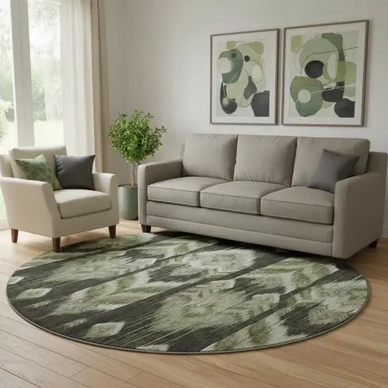 8' Olive Green And Gray Southwestern Washable Round Rug With UV Protection Photo 1