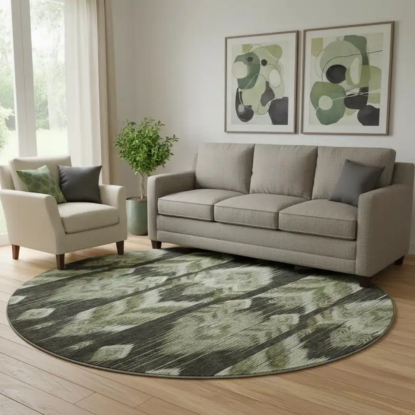 8' Olive Green And Gray Southwestern Washable Round Rug With UV Protection Photo 1
