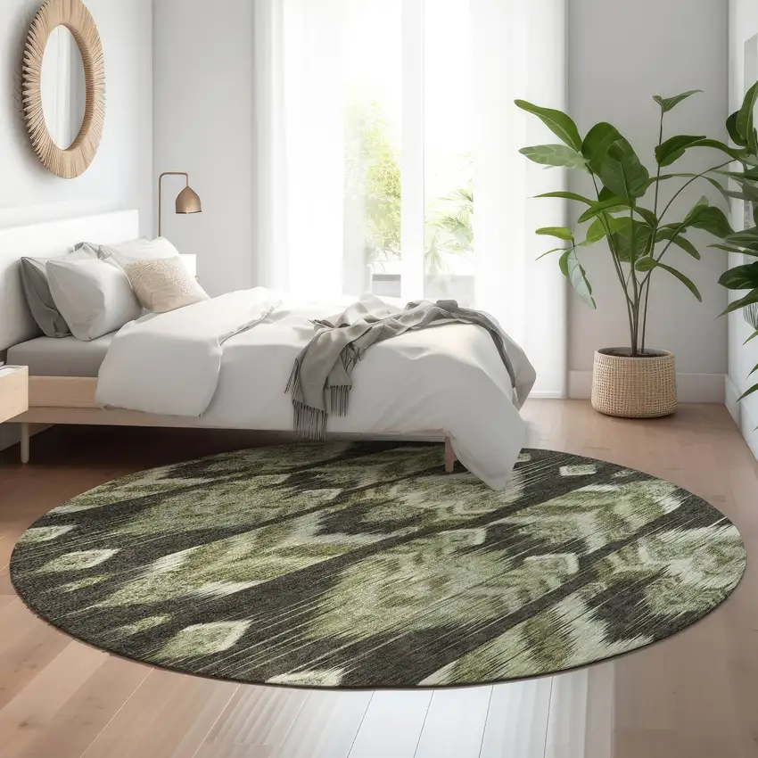 8' Olive Green And Gray Southwestern Washable Round Rug With UV Protection Photo 5