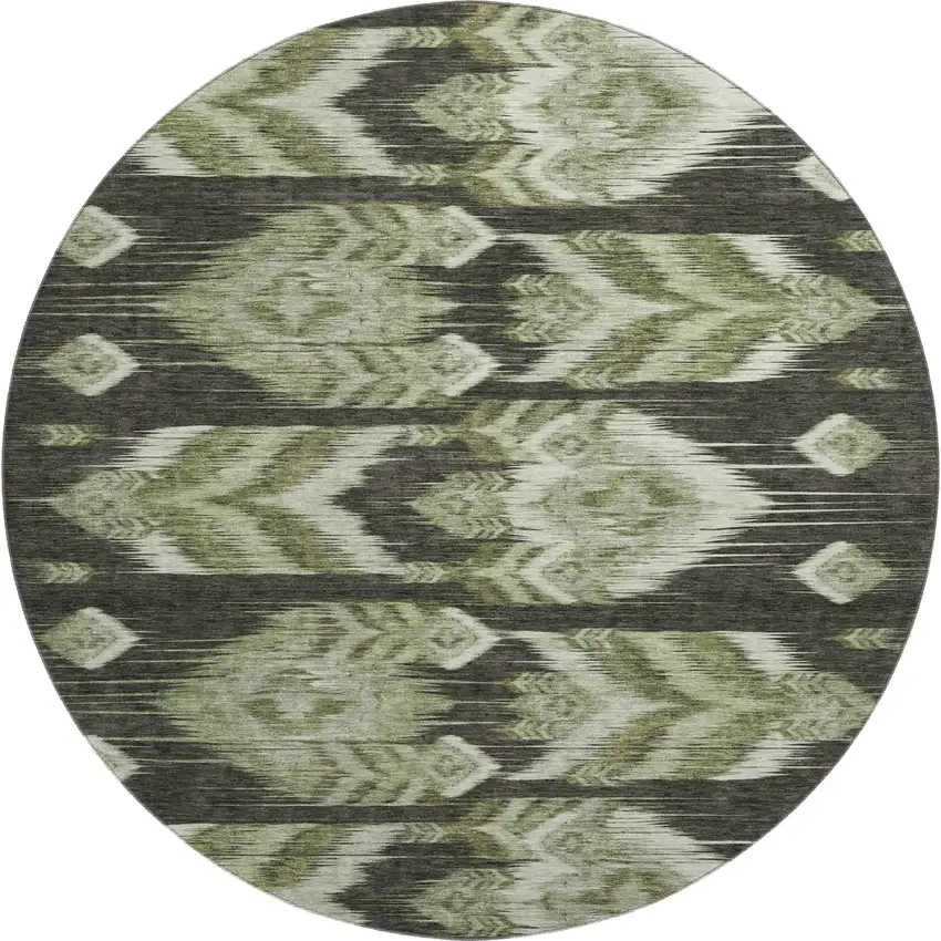 8' Olive Green And Gray Southwestern Washable Round Rug With UV Protection Photo 1