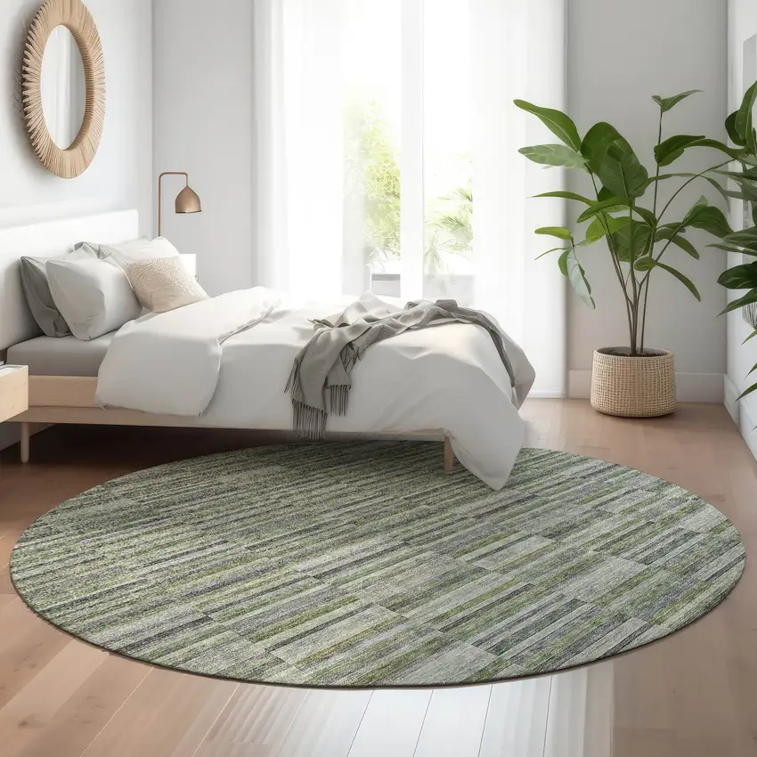 8' Olive Green And Gray Striped Washable Round Rug With UV Protection Photo 5