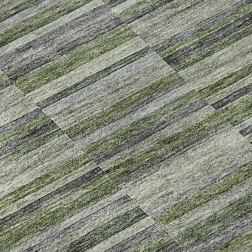 8' Olive Green And Gray Striped Washable Round Rug With UV Protection Photo 9