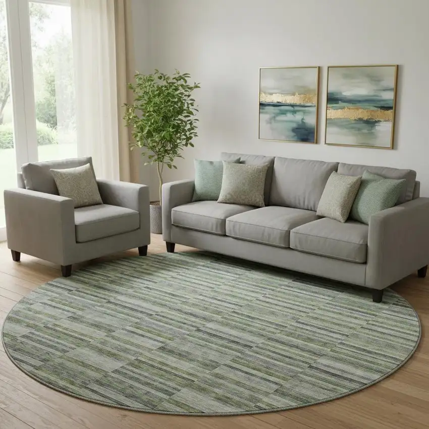 8' Olive Green And Gray Striped Washable Round Rug With UV Protection Photo 1