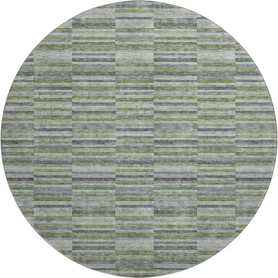 8' Olive Green And Gray Striped Washable Round Rug With UV Protection Photo 1