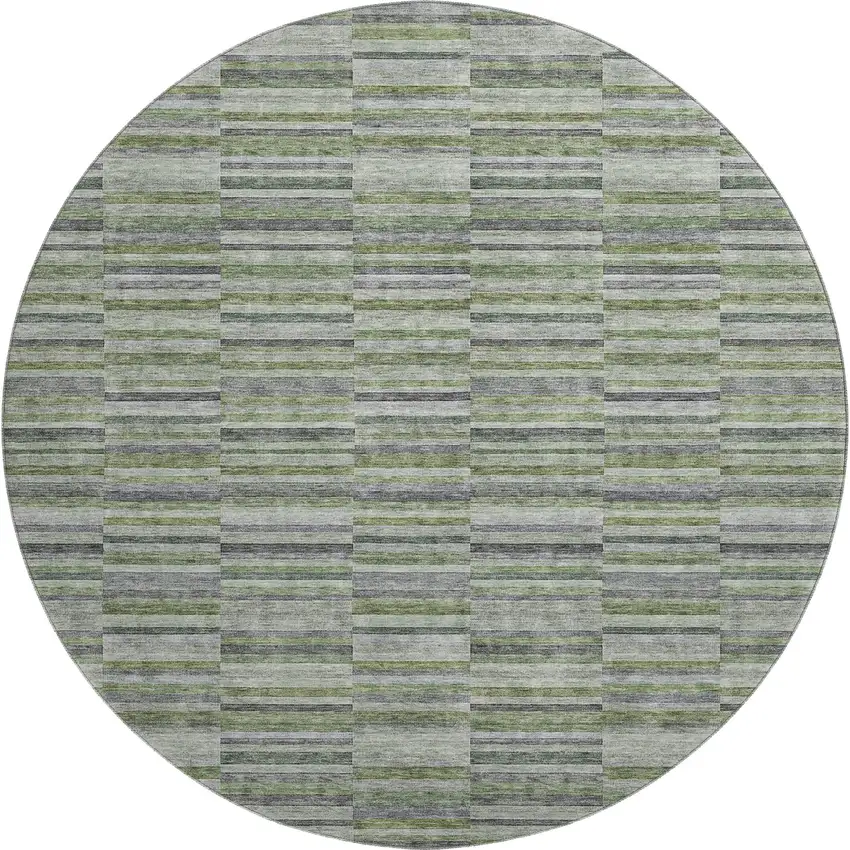 8' Olive Green And Gray Striped Washable Round Rug With UV Protection Photo 1
