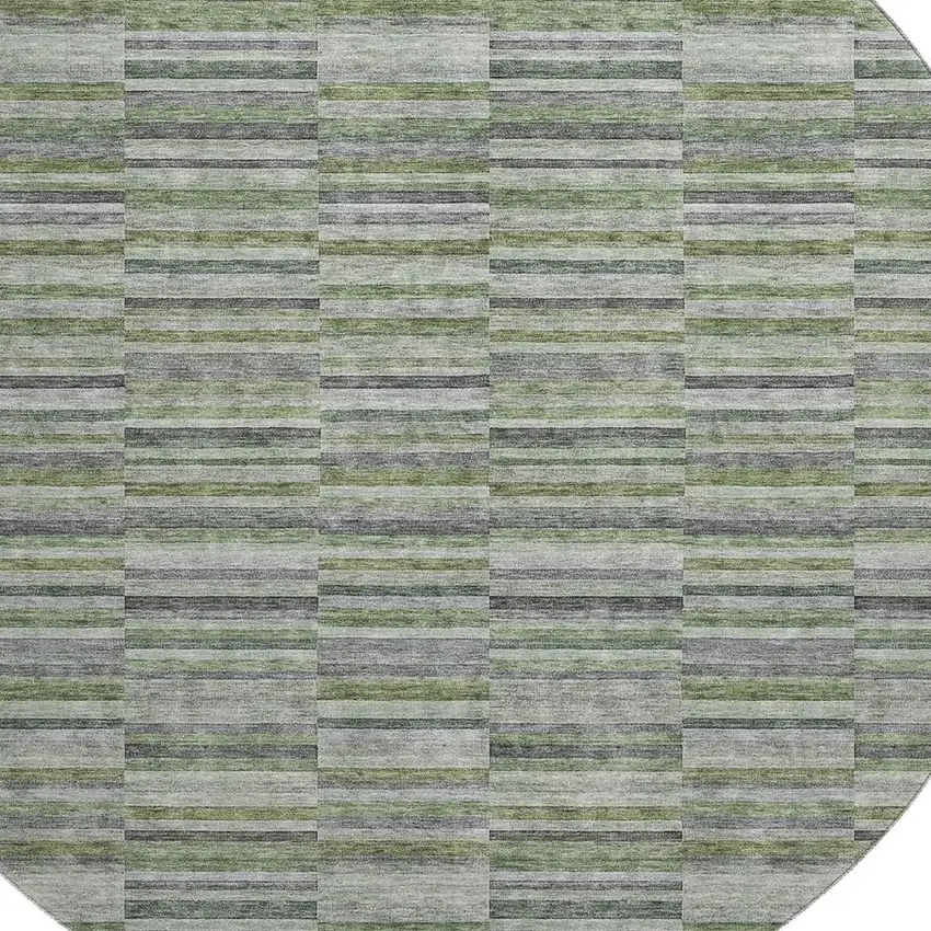 8' Olive Green And Gray Striped Washable Round Rug With UV Protection Photo 3