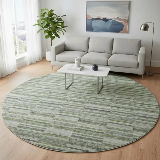 8' Olive Green And Gray Striped Washable Round Rug With UV Protection Photo 2