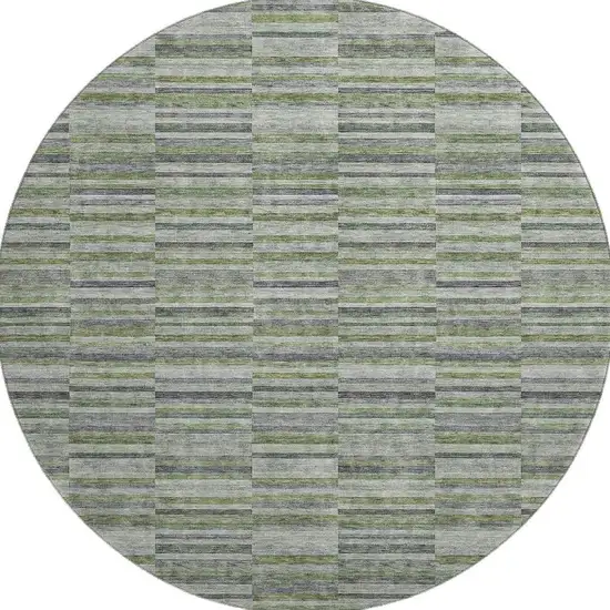 8' Olive Green And Gray Striped Washable Round Rug With UV Protection Photo 4
