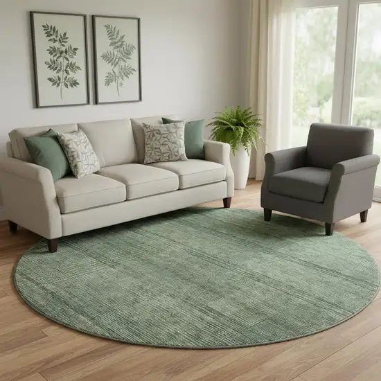 8' Olive Green And Gray Striped Washable Round Rug With UV Protection Photo 1