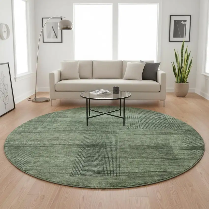 8' Olive Green And Gray Striped Washable Round Rug With UV Protection Photo 2
