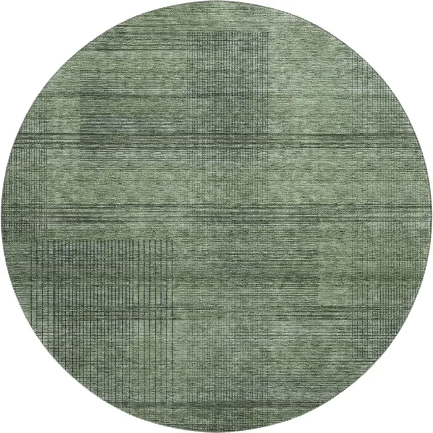 8' Olive Green And Gray Striped Washable Round Rug With UV Protection Photo 1