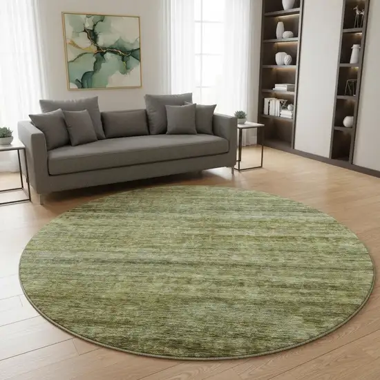 8' Olive Green And Gray Striped Washable Round Rug With UV Protection Photo 2