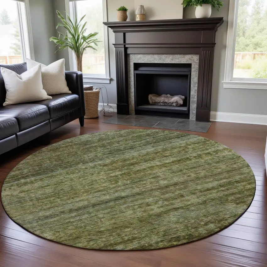 8' Olive Green And Gray Striped Washable Round Rug With UV Protection Photo 4