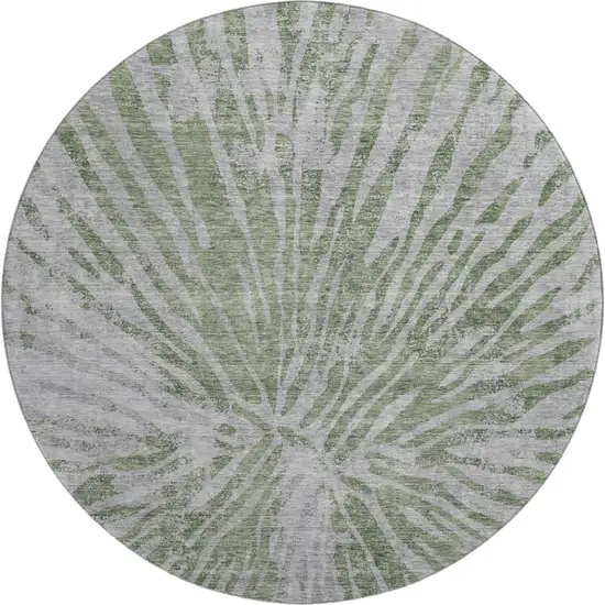 8' Olive Green And Gray Zebra Print Washable Round Rug With UV Protection Photo 1