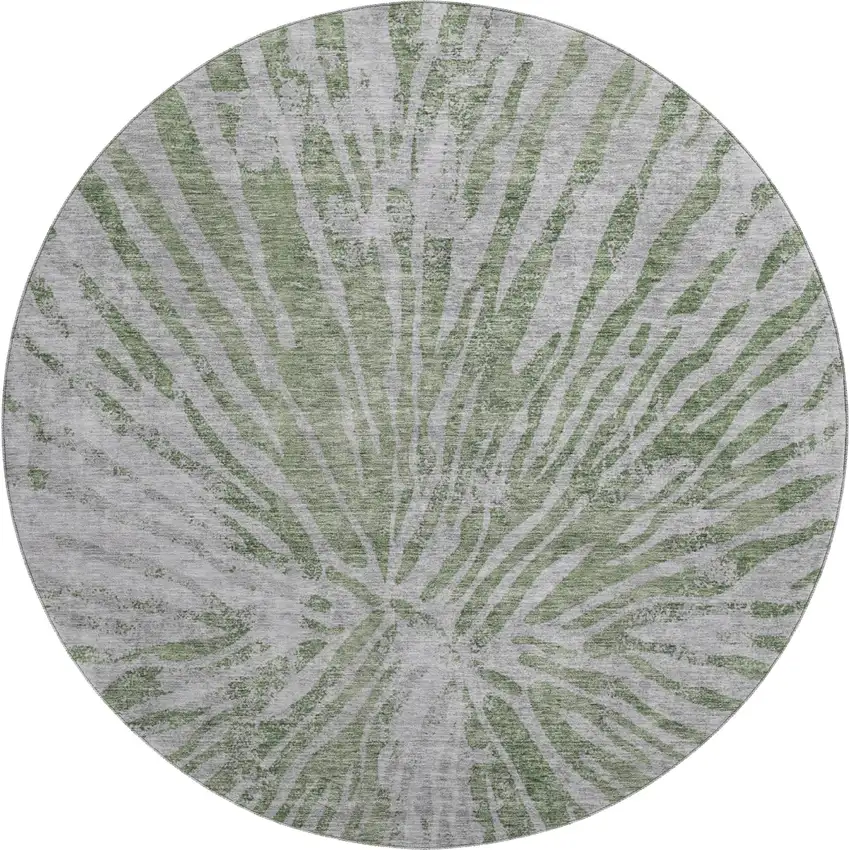 8' Olive Green And Gray Zebra Print Washable Round Rug With UV Protection Photo 1