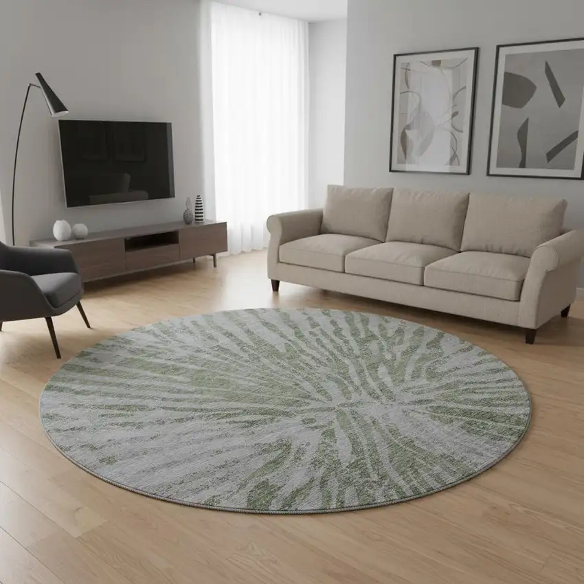 8' Olive Green And Gray Zebra Print Washable Round Rug With UV Protection Photo 2