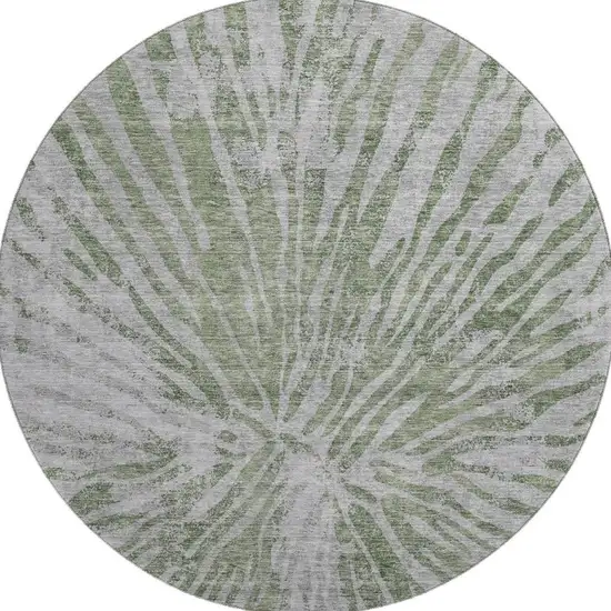 8' Olive Green And Gray Zebra Print Washable Round Rug With UV Protection Photo 4