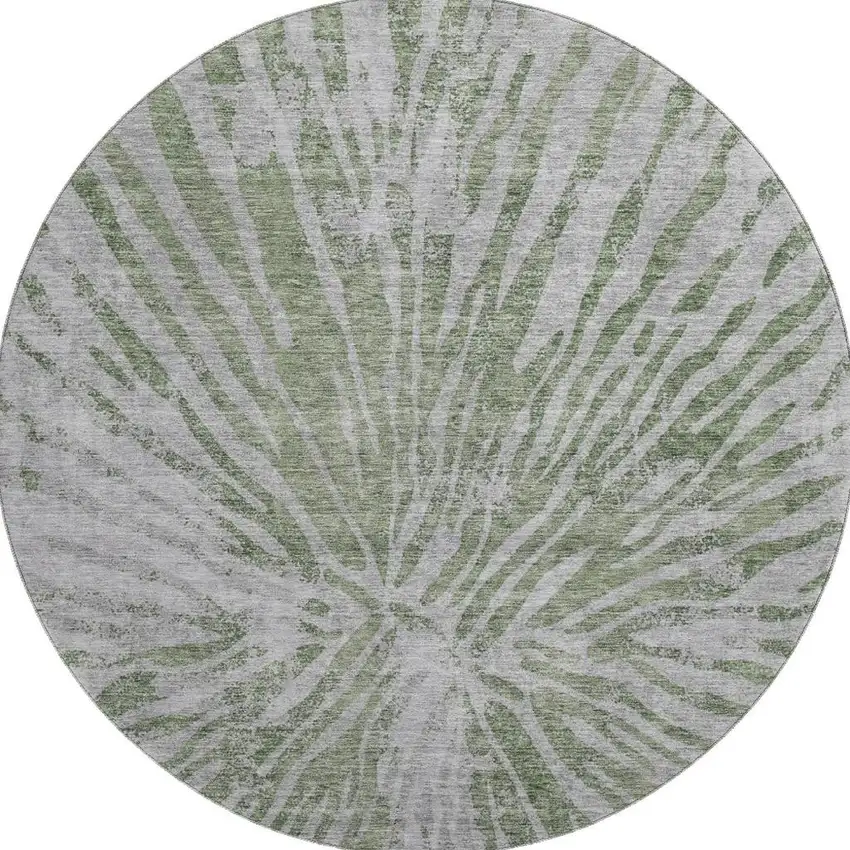 8' Olive Green And Gray Zebra Print Washable Round Rug With UV Protection Photo 4