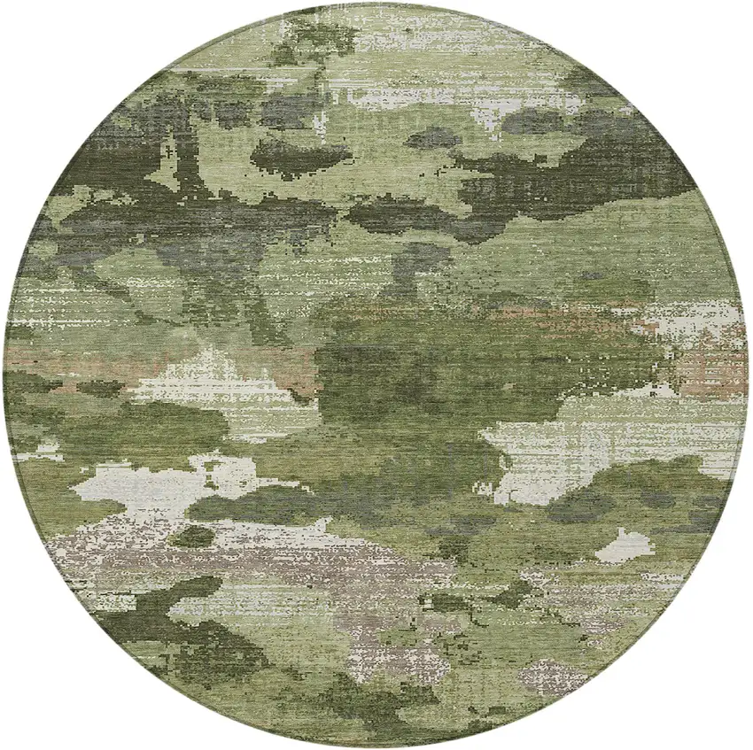 8' Olive Green And Green Round Abstract Washable Indoor Outdoor Area Rug Photo 3