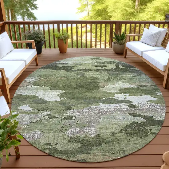 8' Olive Green And Green Round Abstract Washable Indoor Outdoor Area Rug Photo 4