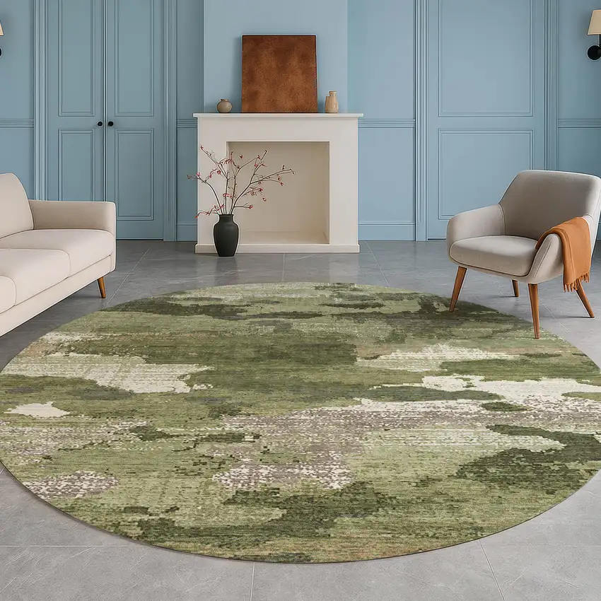 8' Olive Green And Green Round Abstract Washable Indoor Outdoor Area Rug Photo 5