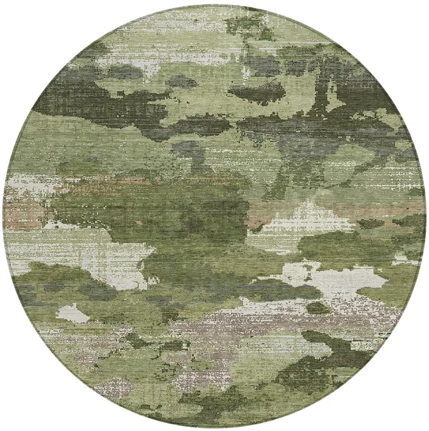 8' Olive Green And Green Round Abstract Washable Indoor Outdoor Area Rug Photo 1