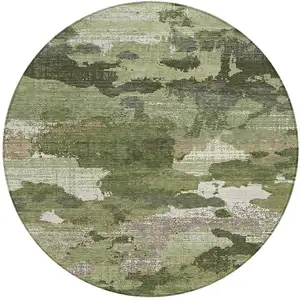 Photo of 8' Olive Green And Green Round Abstract Washable Indoor Outdoor Area Rug