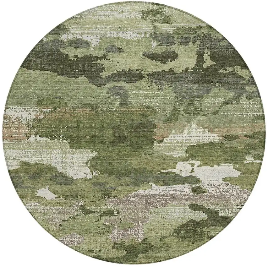 8' Olive Green And Green Round Abstract Washable Indoor Outdoor Area Rug Photo 2