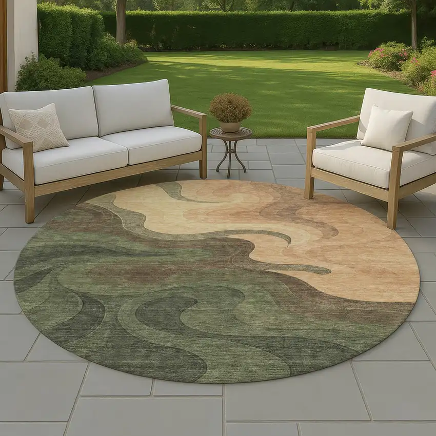 8' Olive Green And Green Round Abstract Washable Indoor Outdoor Area Rug Photo 4