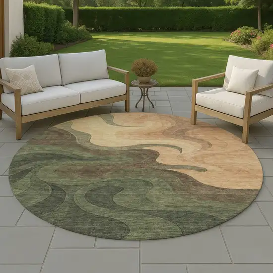 8' Olive Green And Green Round Abstract Washable Indoor Outdoor Area Rug Photo 4