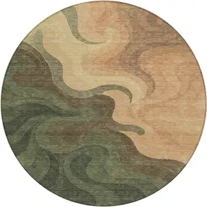 Photo of 8' Olive Green And Green Round Abstract Washable Indoor Outdoor Area Rug
